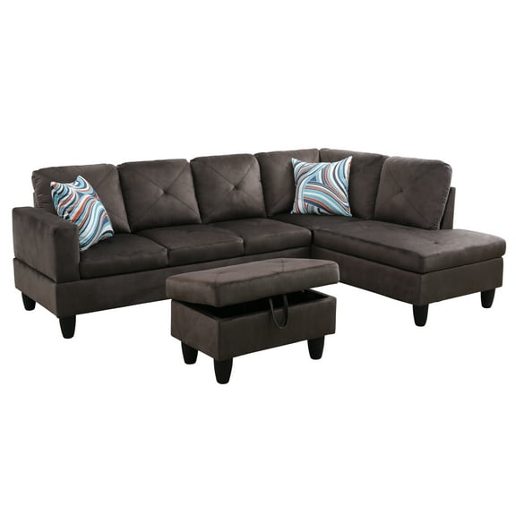 3pcs L Shaped Modular Sectional Sofa with Right Hand Facing Chaise, Modern Upholstered Corner Couch w/Storage Ottoman