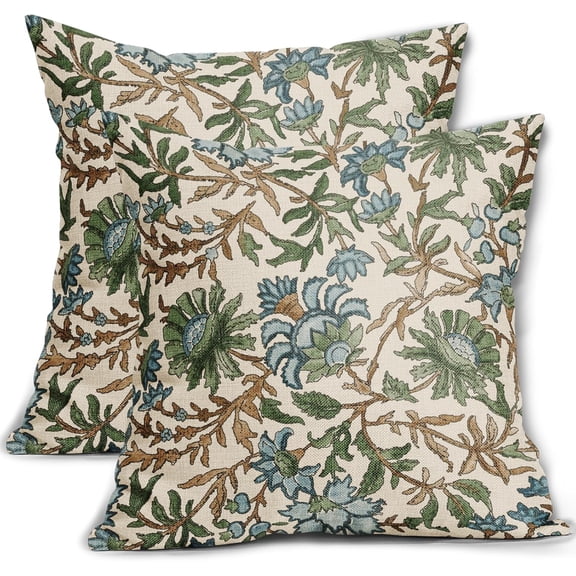 Vintage Floral Pillow Covers 16x16 Set of 2 Green Blue Retro Botanical Flower Pattern Print Neutral Decorative Throw Pillow Cases Boho Outdoor Rustic Farmhouse Decoration for Sofa Couch Bed