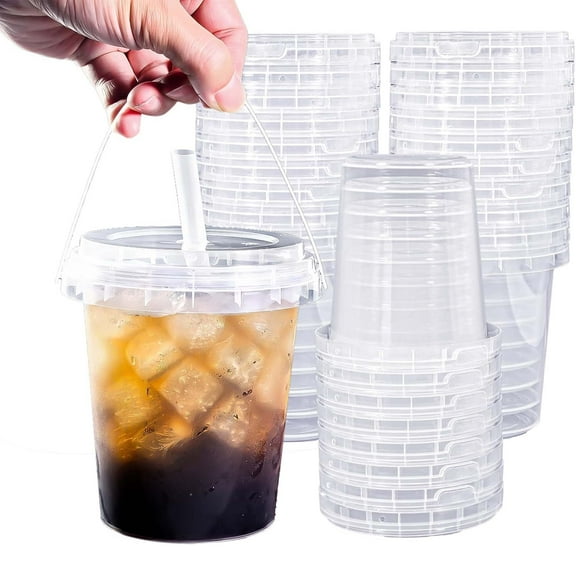 Mini Plastic Disposable Drink Buckets – with Lids & Straws, Small Drink Containers for Holiday Party