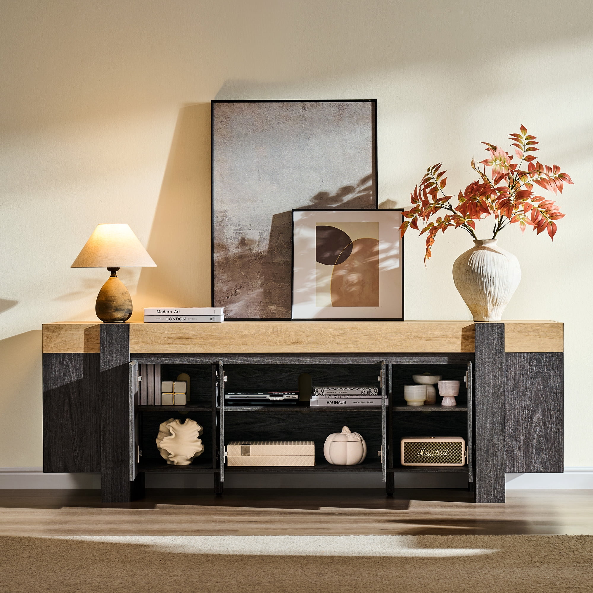 KeyWhat TV Stand for TVs Up to 80", Modern Farmhouse Entertainment Center with Storage Cabinet, Media Console Table for Living Room, Natural Oak with Dark Alder