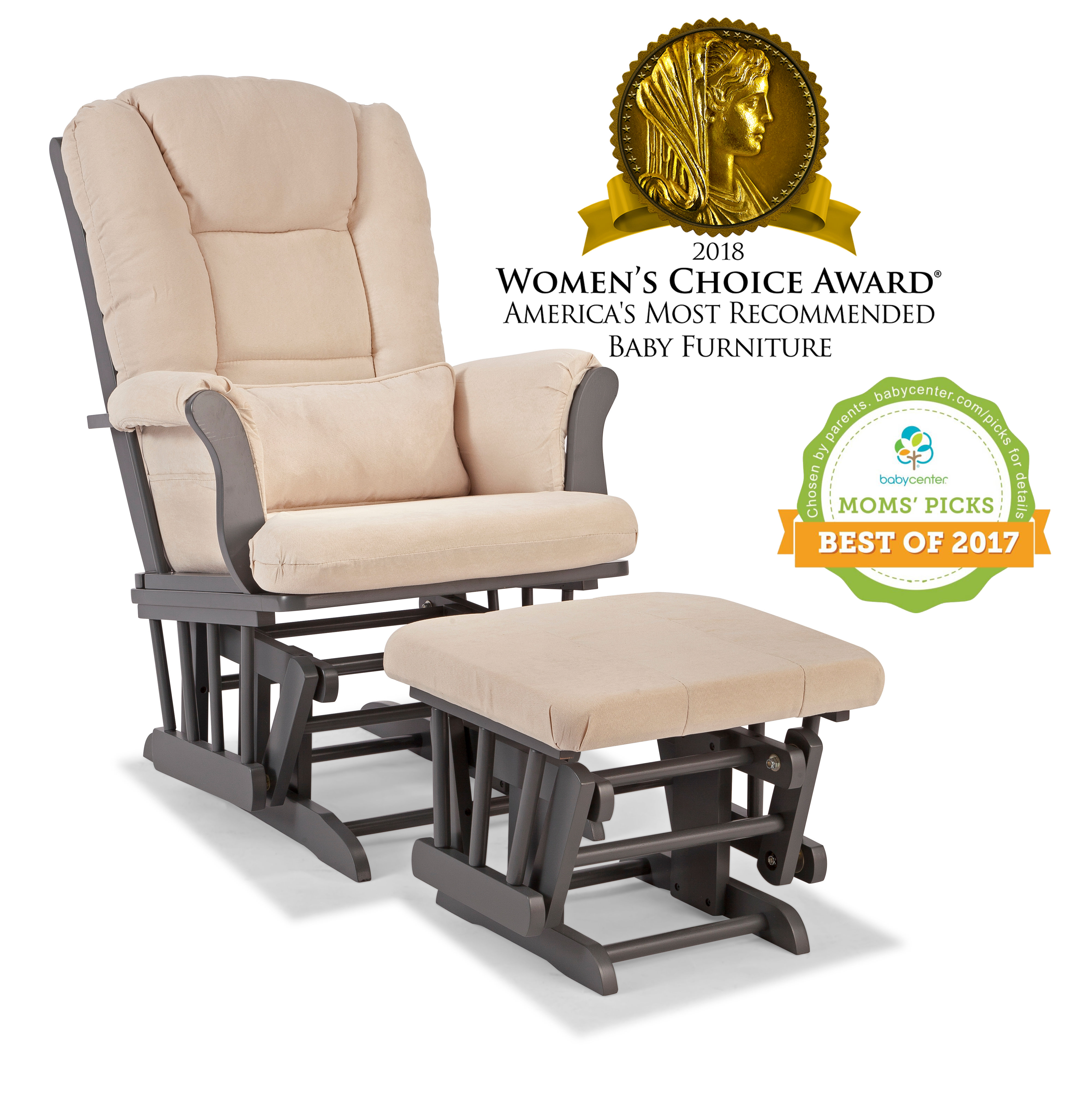 Storkcraft Tuscany Glider and Ottoman with Lumbar Pillow Gray with