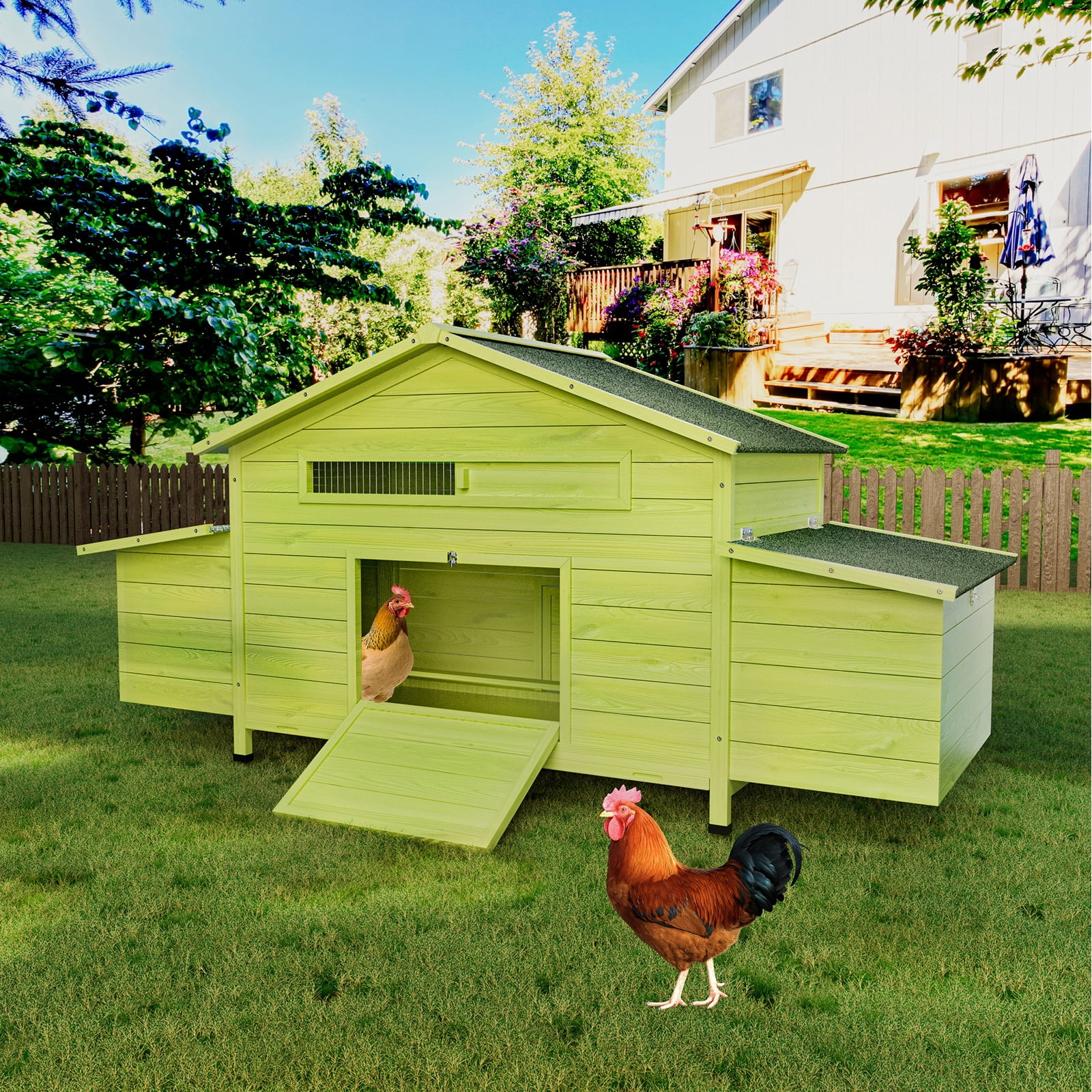 11.12 ft Large Wooden Chicken Coop with 2 Free-Range Doors, 2 Nesting Boxes & Perch, Outdoor Hen House Poultry Cage