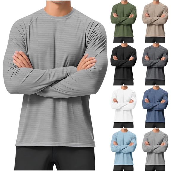 Stamzod Rash Guard for Men Crew Neck Long Sleeve Sun Shirt Casual Athletic Fishing T-Shirts Army Green S