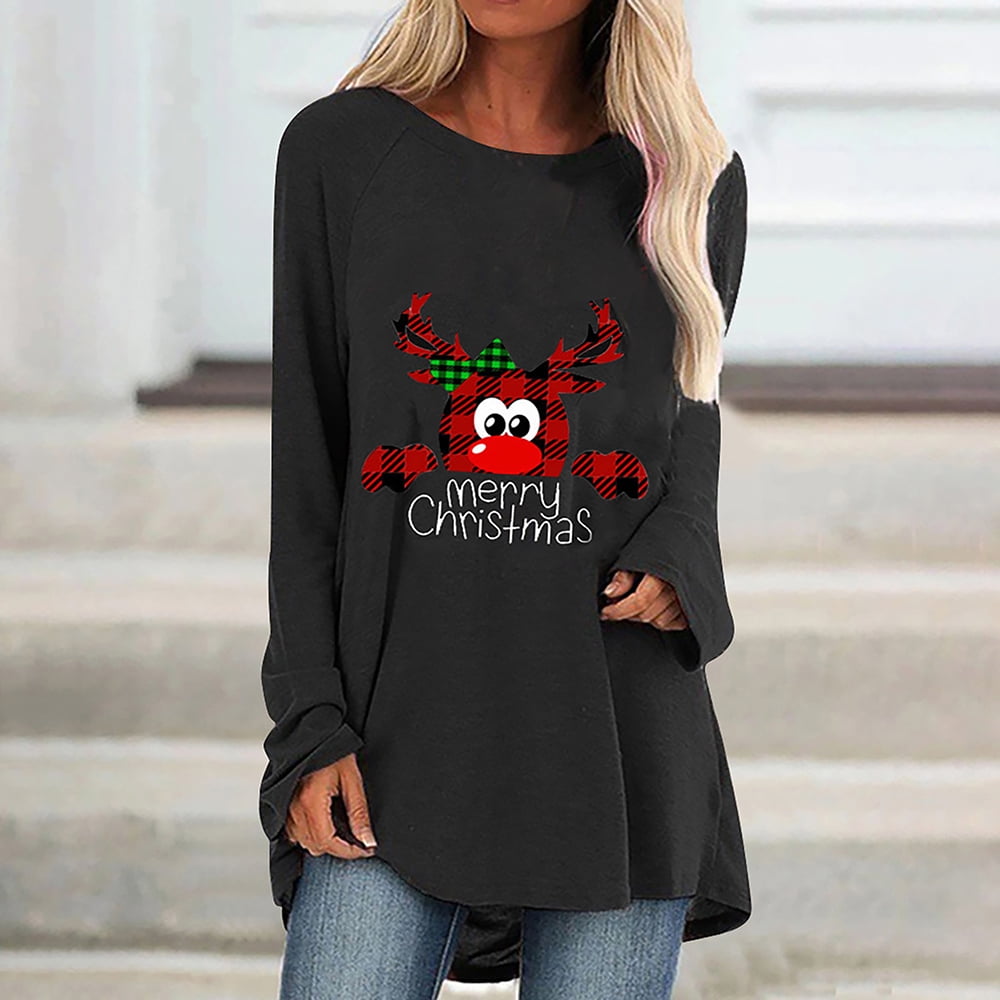 oiangi Christmas Shirts Women Fashion Casual Print O-Neck Loose Long Sleeve  T-shirt Top Blouse Pullover - Walmart.com