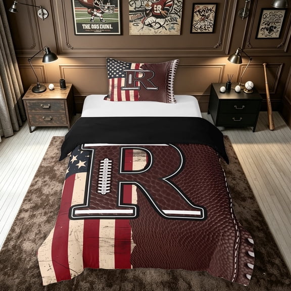 meiyoeat Football Letter R Twin Duvet Cover for Men Boys, US Flag Initial Twin Bedding for Game Day, Brown, Black Reversible 2pcs, 1 Duvet Cover and 1 Pillowcase (No Comforter)