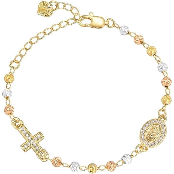 VNOX Gold Rosary Bead Cross Bracelet - 14k Gold Plated Virgin Mary Bracelets,Non Tarnish Golden Religious Rosariosolicos Virgen de Guadalupe Jewelry,Catholic Confirmation Baptism Gifts for Women