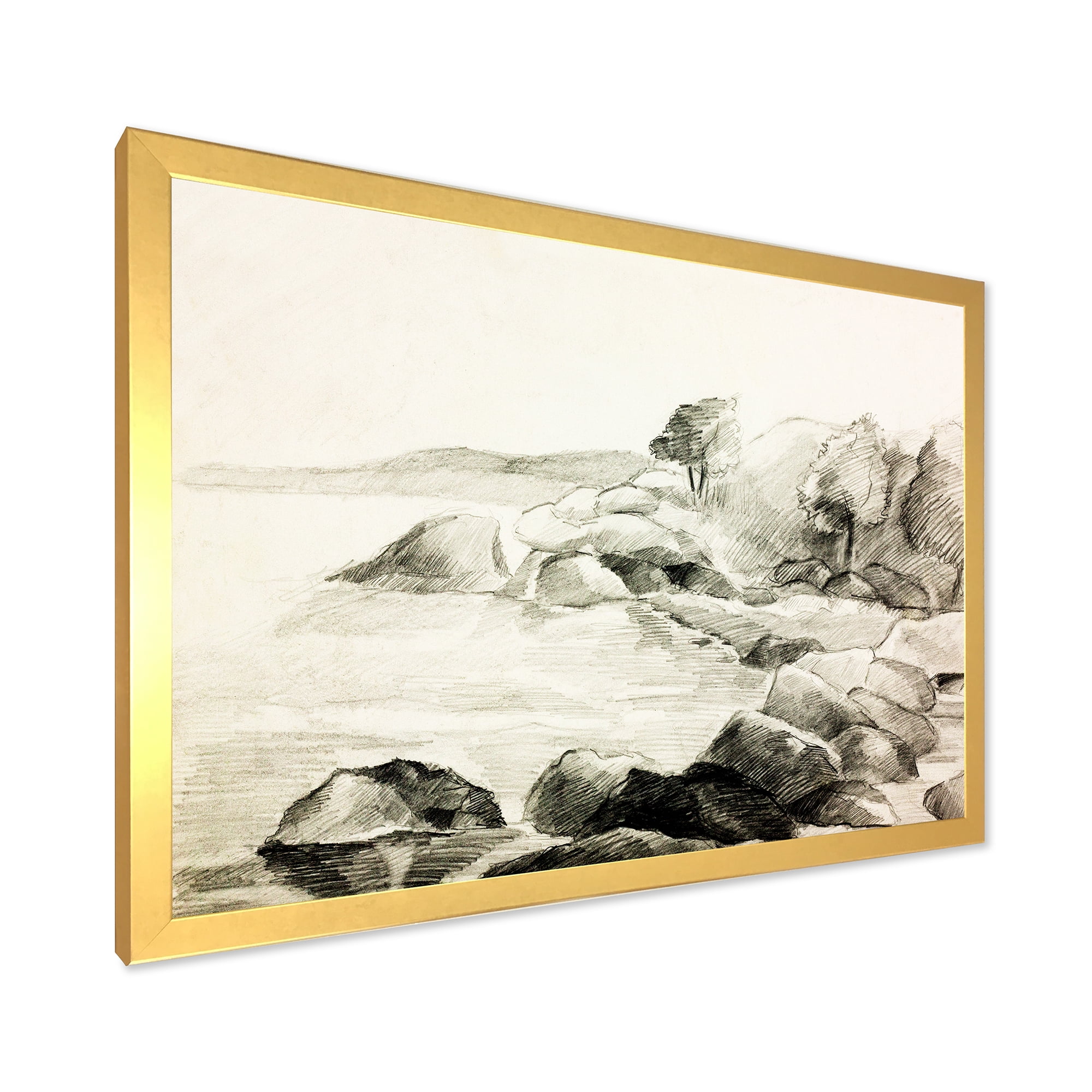 Designart 'Black and White Lake Shore' Nautical & Coastal Framed Art Print