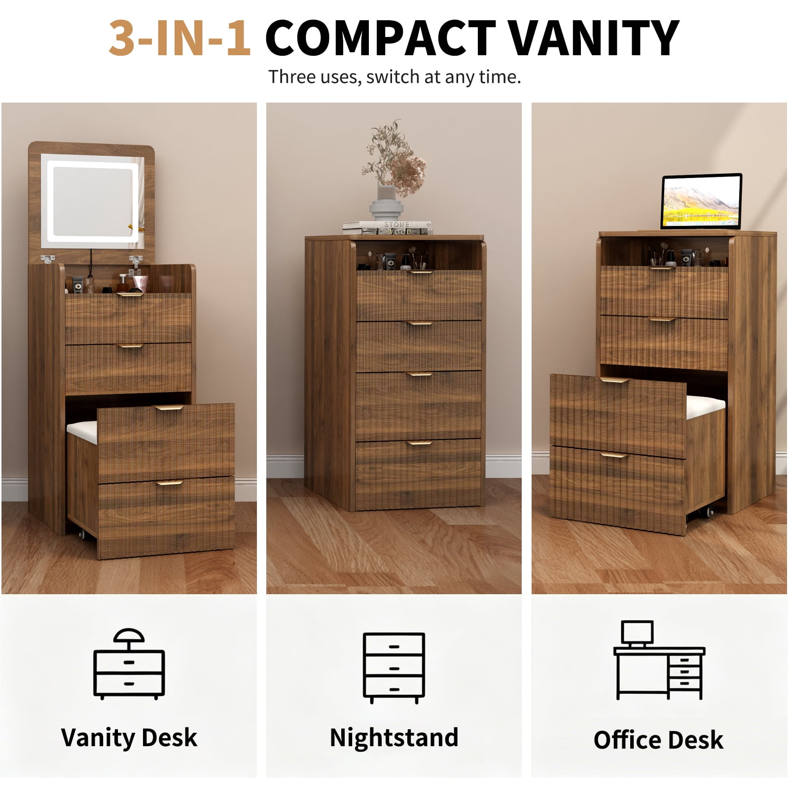 3 in 1 Vanity Desk with 3 Drawers and Rolling Stool, Compact Vanity with Flip Top Mirror and Lights, Modern Small Makeup Vanity Table