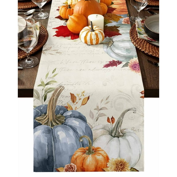 Table Runner 90 Inches Long, Fall Thanksgiving Eucalyptus Leaf Pumpkin Cotton Linen Table Runners Non-Slip Durable Dresser Scarves for Table Party Dinner Holiday Home Decor, 1 Pack