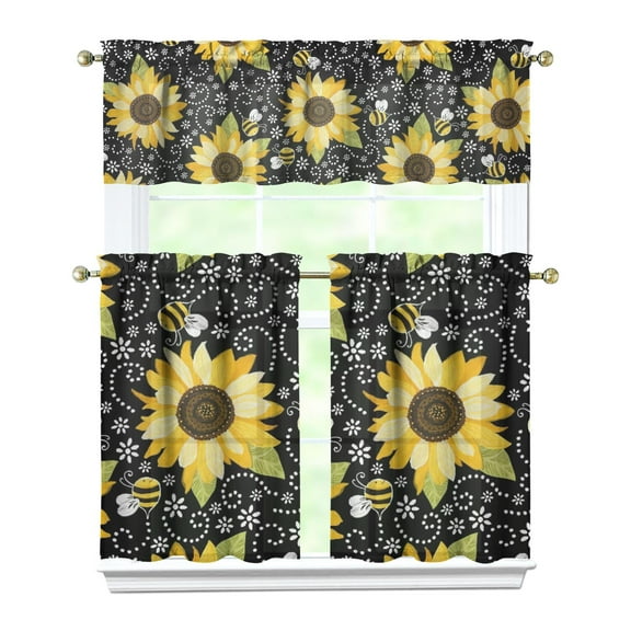 Sunflower Kitchen Curtains Set of 3 - Boho Floral Tier Curtains with Valance, Farmhouse Rustic Window Treatment Panels, Yellow Watercolor Sunflower Print, Rod Pocket Design