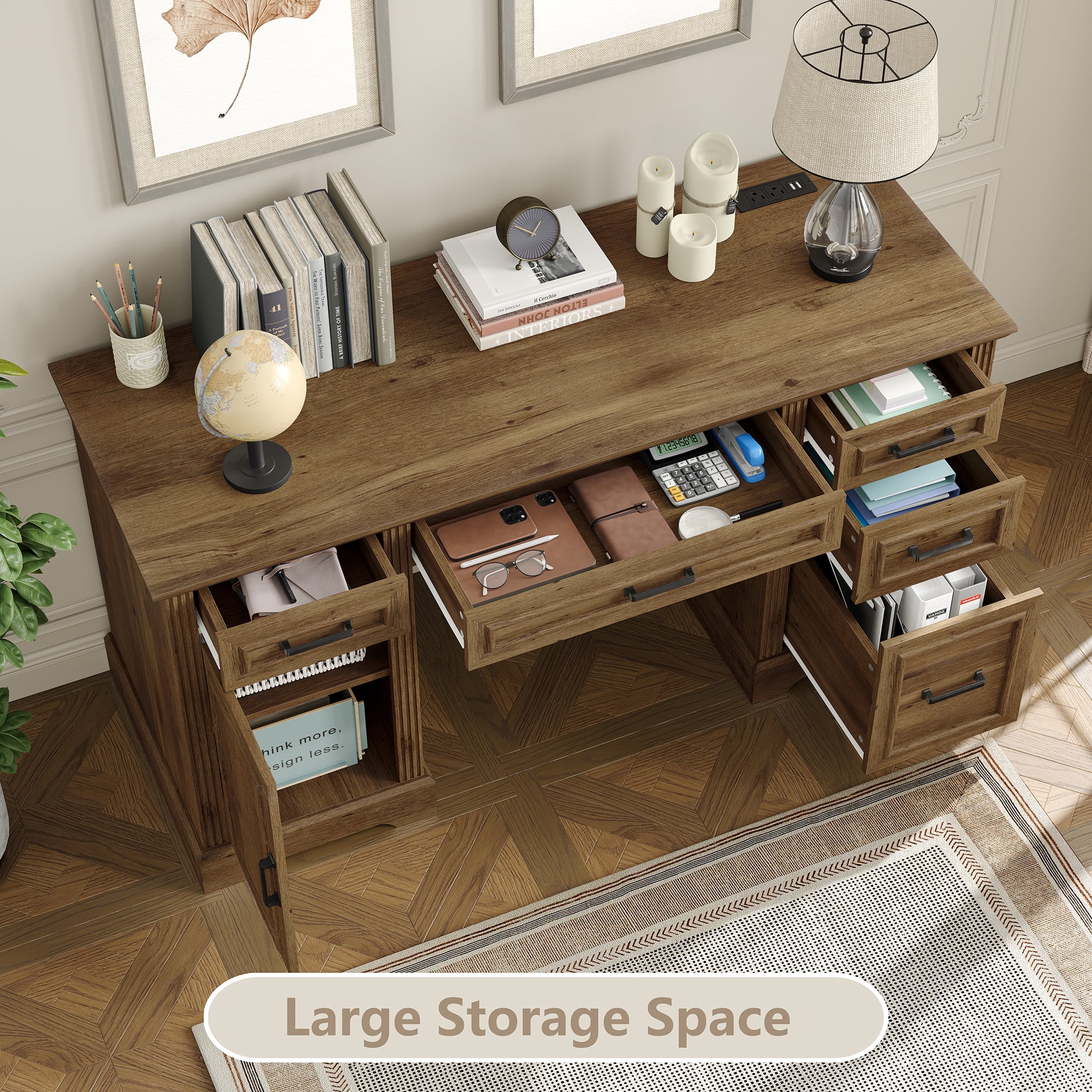 Furnihold 58"W Executive Desk with Outlet and 5 Drawers, Farmhouse Computer Desk, Wooden Home Office Desk, Workspace for Work Study Writing, Brown