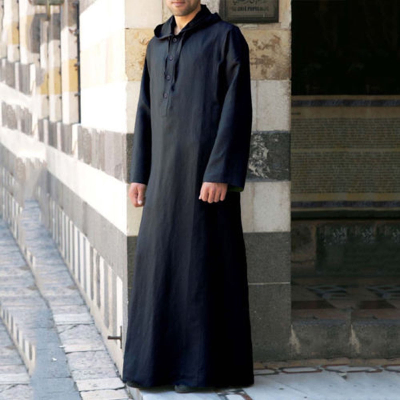Hvot&aat Men's Muslim Cotton Linen Thobe Middle East Saudi Arab Kaftan Islamic Abaya Dress Dubai Robes Button Ramadan Robes