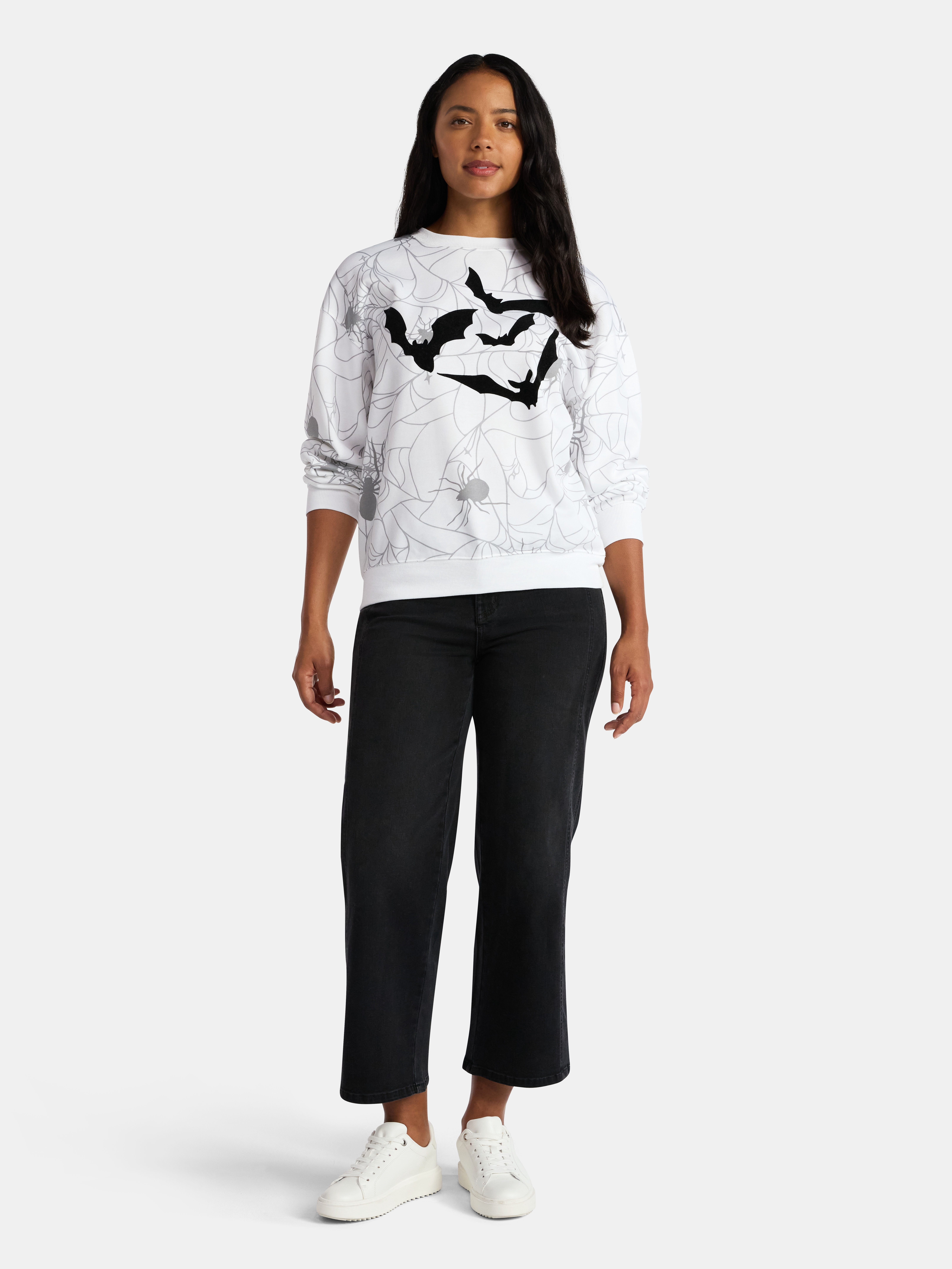 Halloween Women's Spiders and Bats Print Sweatshirt with Long Sleeves, Sizes XXS-XXL