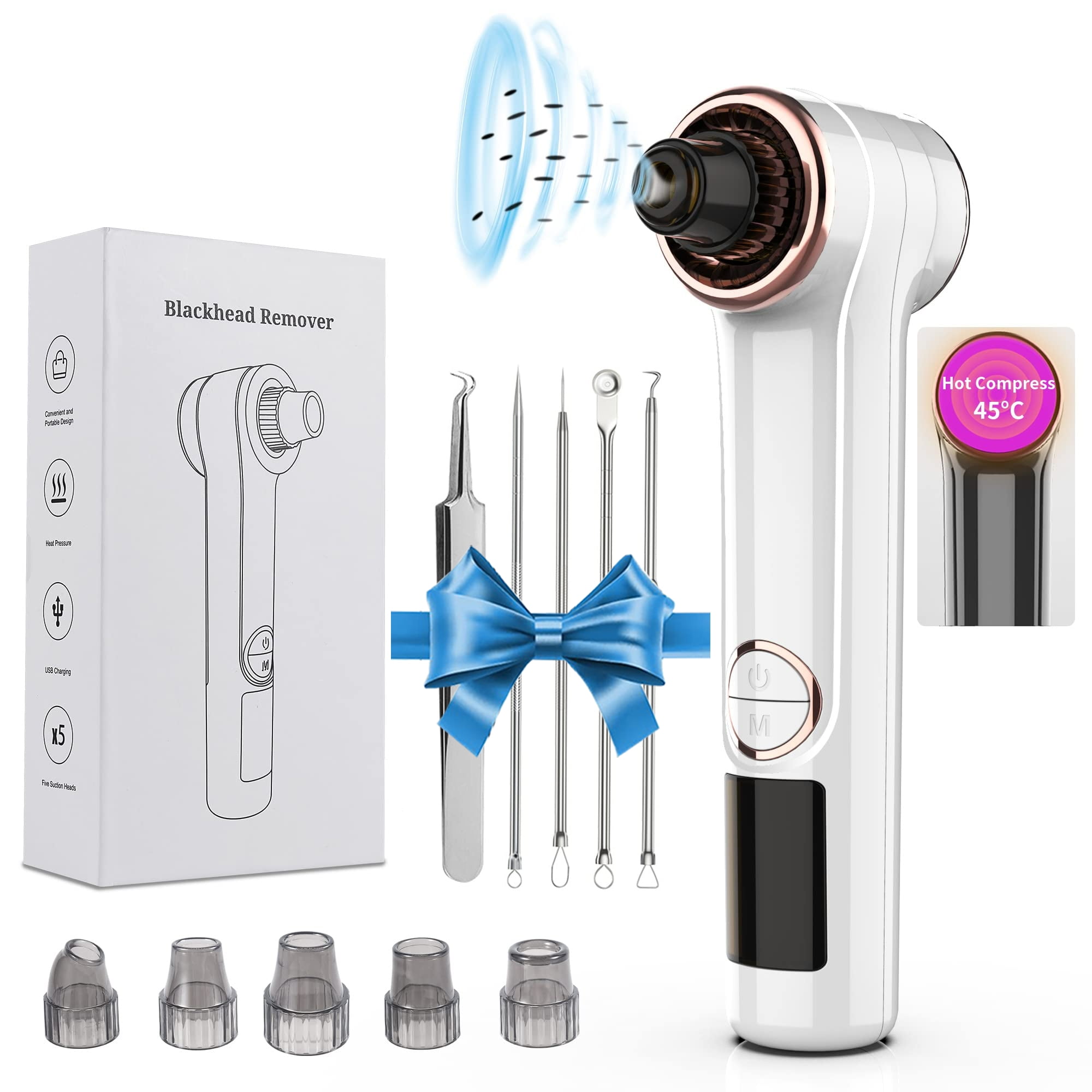 Surlong Blackhead Remover Vacuum Extractor,Electric Face Pore Cleaner with 3 Adjustable Suction Power Mode and 5 Probes, USB Rechargeable Black Head Remover suctioner kit for Women,Facial Skin Care