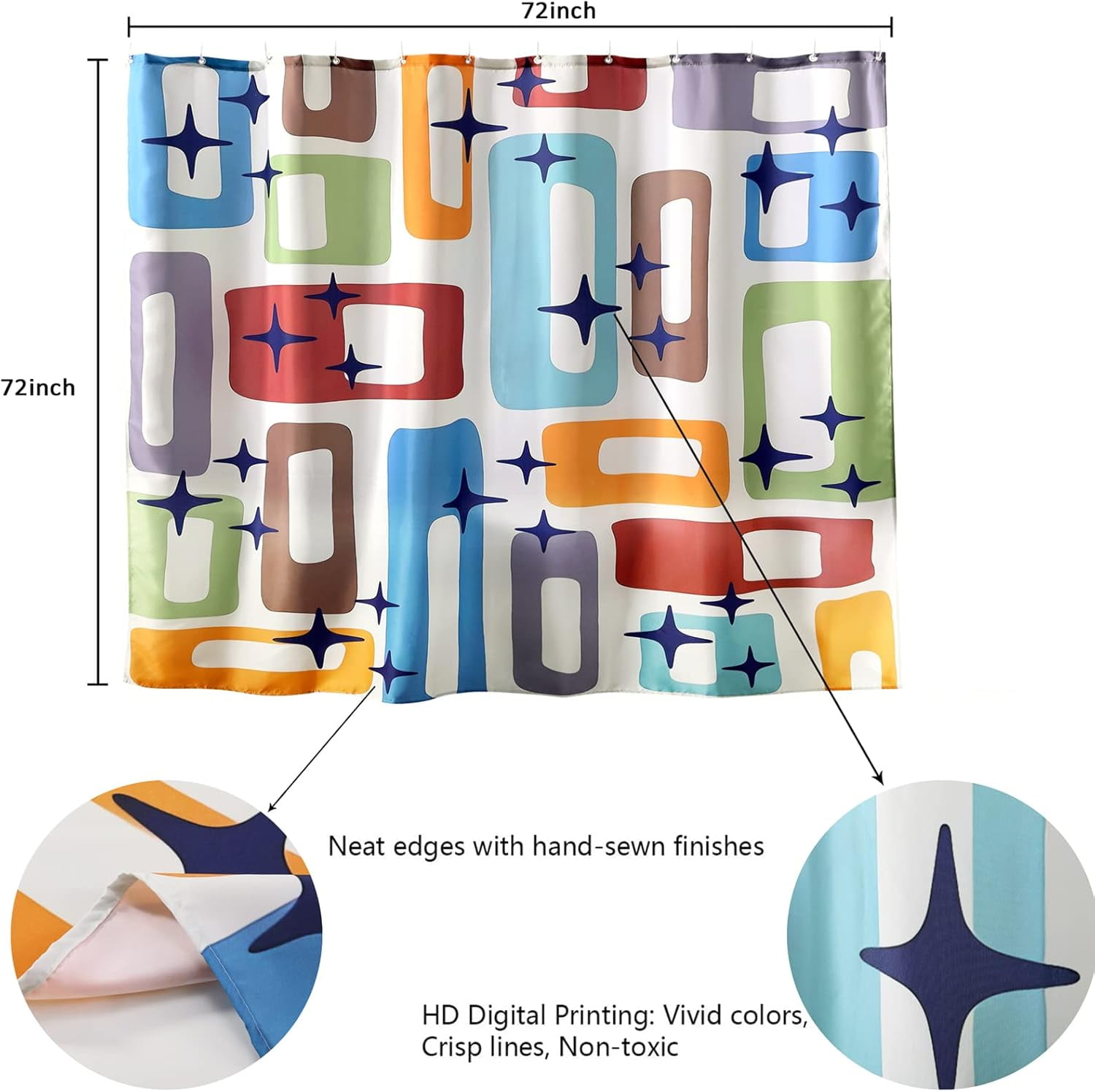Mid Century Modern Abstract Fabric Shower Curtain Blue Orange 1960’s Old Fashioned Scandinavian Bathroom Decor Accessories Colorful Retro Geometric Shower Curtain Set with 12 Hooks, 72x72