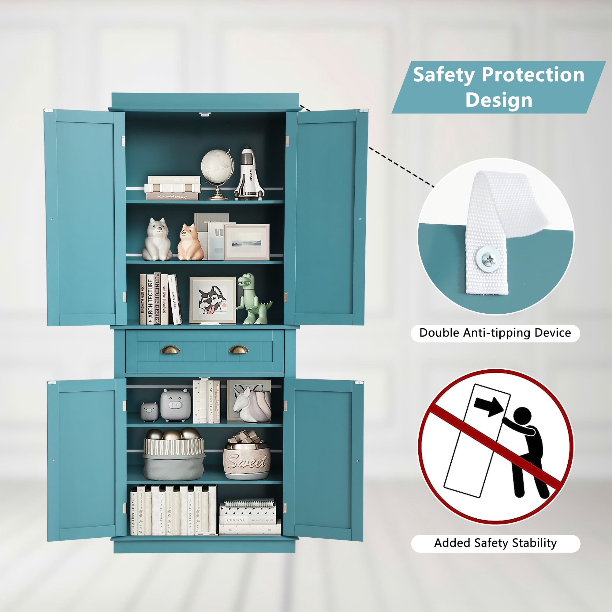 KIGOTY Blue Kitchen Pantry Cabinet Freestanding Cupboard with 2 Cabinets, Drawer and Adjustable Shelves for Kitchen ,Dinging Room