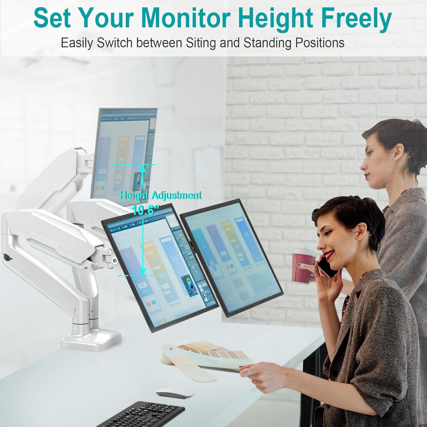 Dual Monitor Mount Fits 13 to 32 Inch Screen, Height Adjustable Monitor Stand for 2 Monitors, Full Motion Display Arm Holds  to 17.6lbs Each, Computer Desk VESA Mount, White
