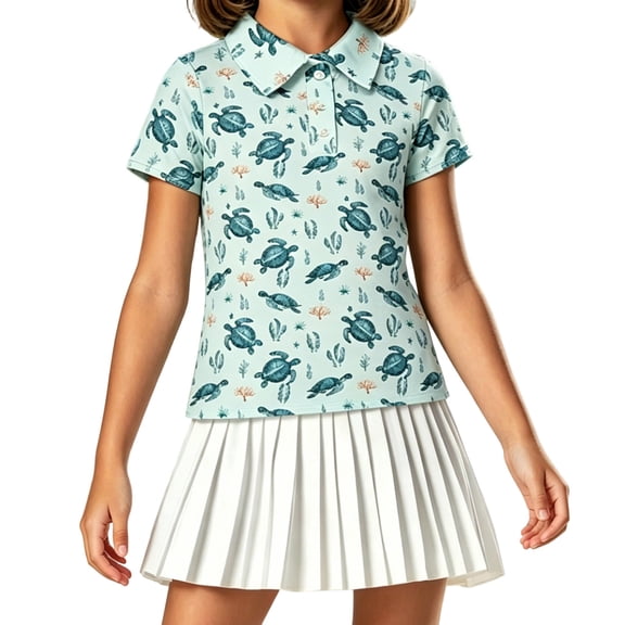 OOOUM Girls Short Sleeve Golf Shirt Mesh Tropical Graphic Crewneck Summer Tennis Tops Children Comfort Casual Athletic Clothes Tees Light Blue 3-4 Years