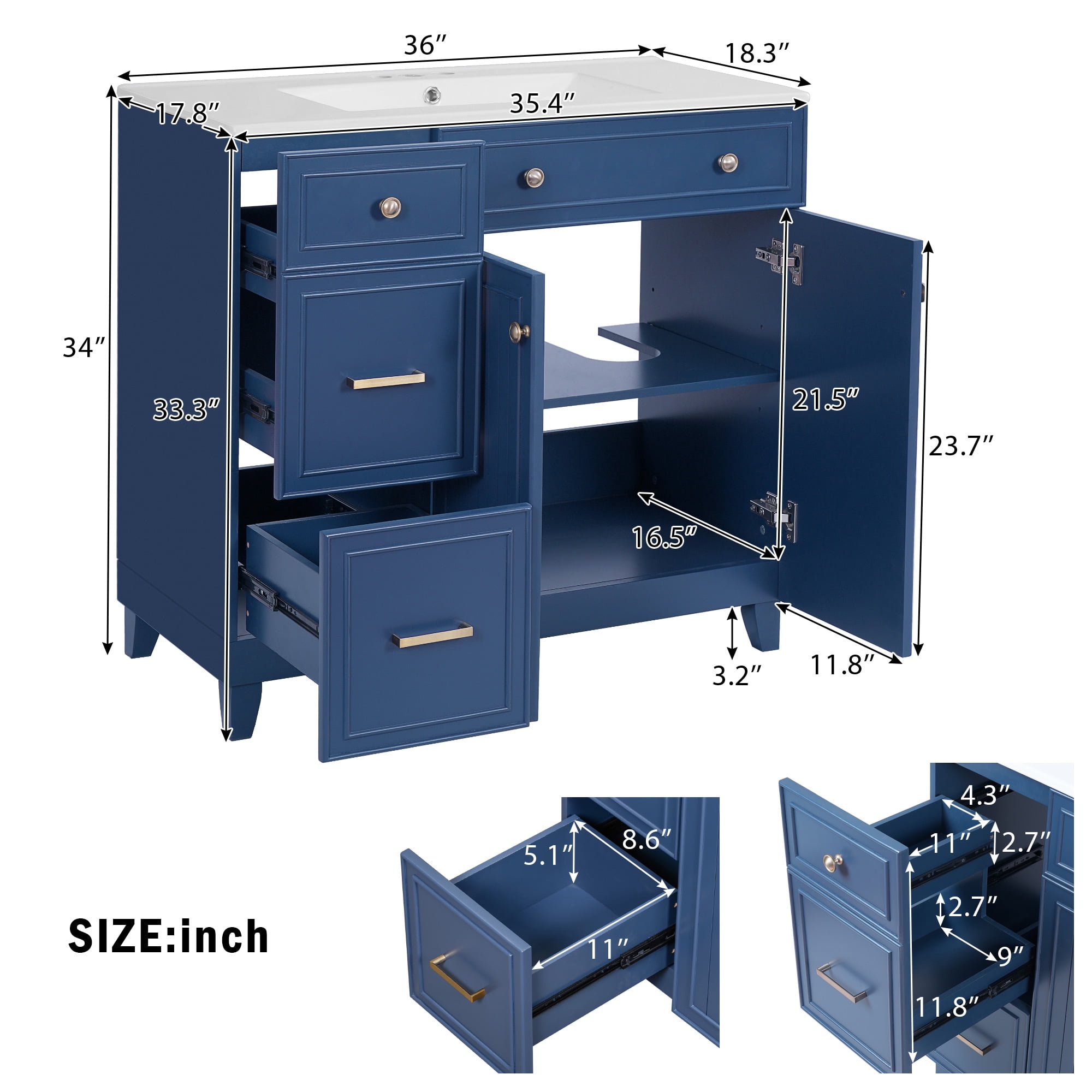 Euroco 36" Bathroom Vanity with Ceramic Sink, Standard and Double-Layer Drawers, Soft Close Doors, Adjustable Shelves, Modern Storage Cabinet for Small and Medium Bathrooms