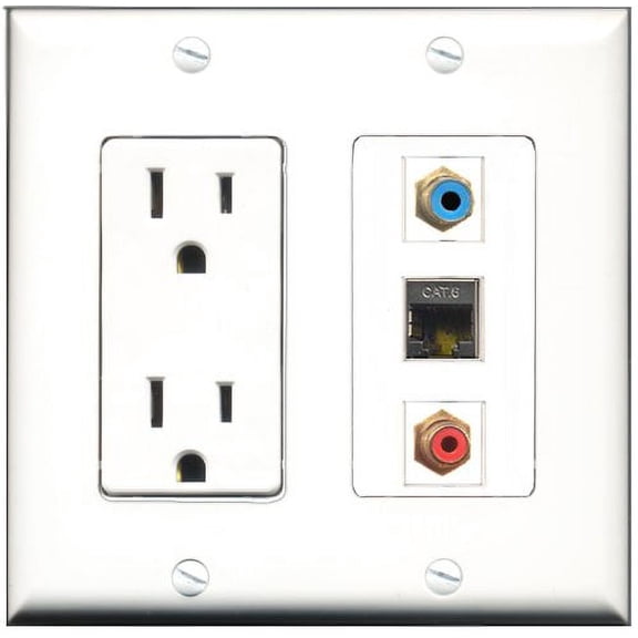 RiteAV - 15 Amp Power Outlet 1 Port RCA Red 1 Port RCA Blue 1 Port Shielded Cat6 Ethernet Ethernet Decorative Wall Plate