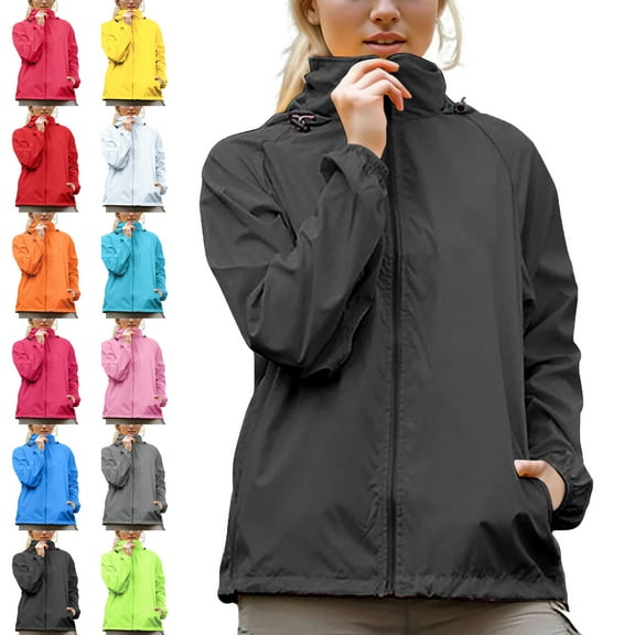 Womens Jacket Waterproof Raincoat Lightweight Solid Color Jackets Windproof Hooded Jacket with Pockets,Women's Rain Hood Windbreaker Jackets Sun Protective Clothing With Storage Bag