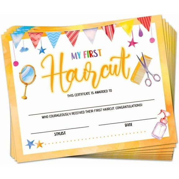30 My First Haircut Certificates Award Paper for Baby 9.8" x 7.8" Blank Haircut Keepsake Certificates Milestone Marker with Gold Flag for Hair Salon Barbershop Colorful DIY