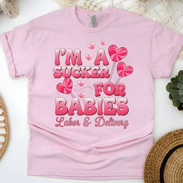 Labor and Delivery Nurse T-Shirt with Funny Baby Lollipop Design, Light Pink, Size L
