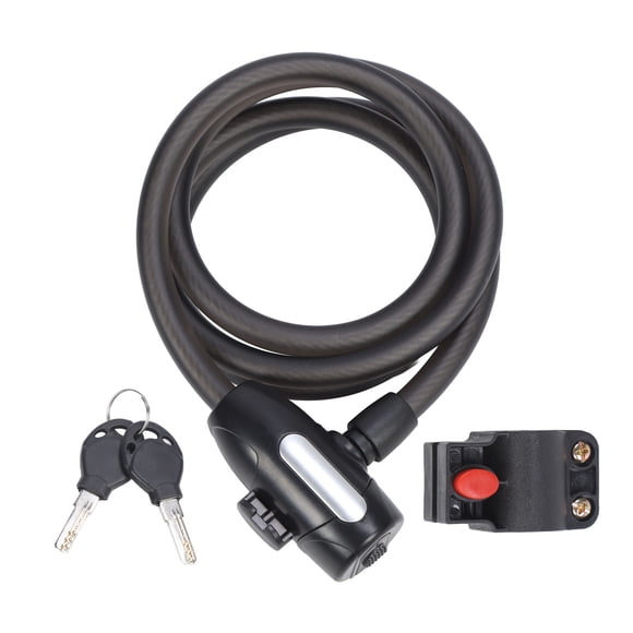 Candado de bicicleta con cable de 1,5 m de largo, color negro mate, 2 llaves, PVC, cuerda de acero gruesa, en espiral, con soporte de montaje para exteriores.