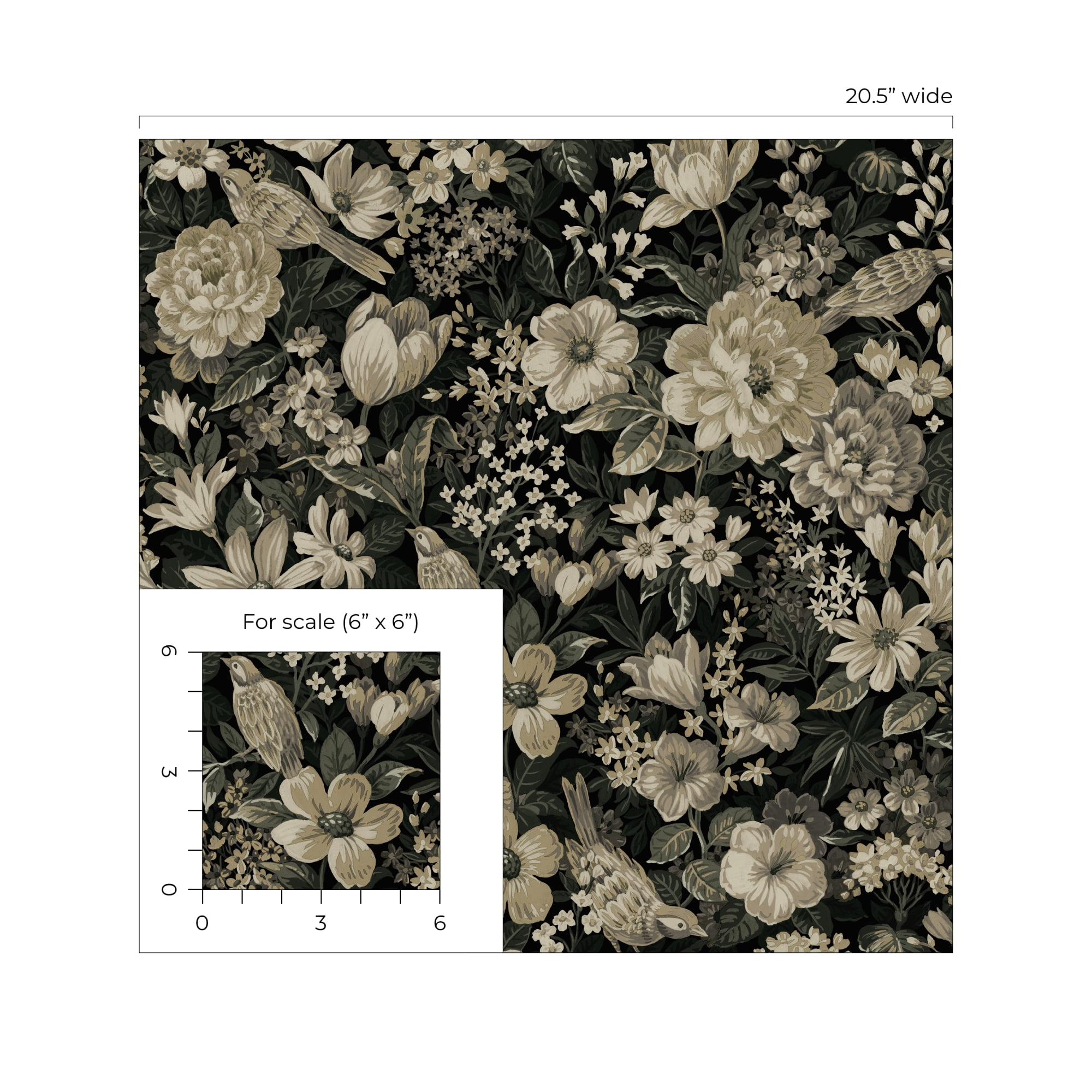 NextWall Ebony & Pale Fern Vintage Bird Garden Peel and Stick Wallpaper - 20.5 in. W x 18 ft. L Roll