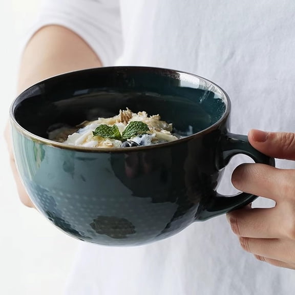 24 Oz Large Ceramic Coffee Mug, Grain Soup Mugs/Salad Bowl/Oversized Porcelain Bowl for Coffee-with Coaster and Spoon,Tea, Ice Cream, Cereal (Dark Green)