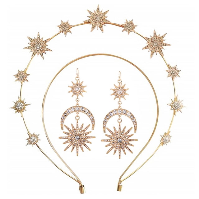 Fgnfyis Style Sun Moon Double Layer Headband with Encrusted Sparkling Long Earrings Set Set Gold