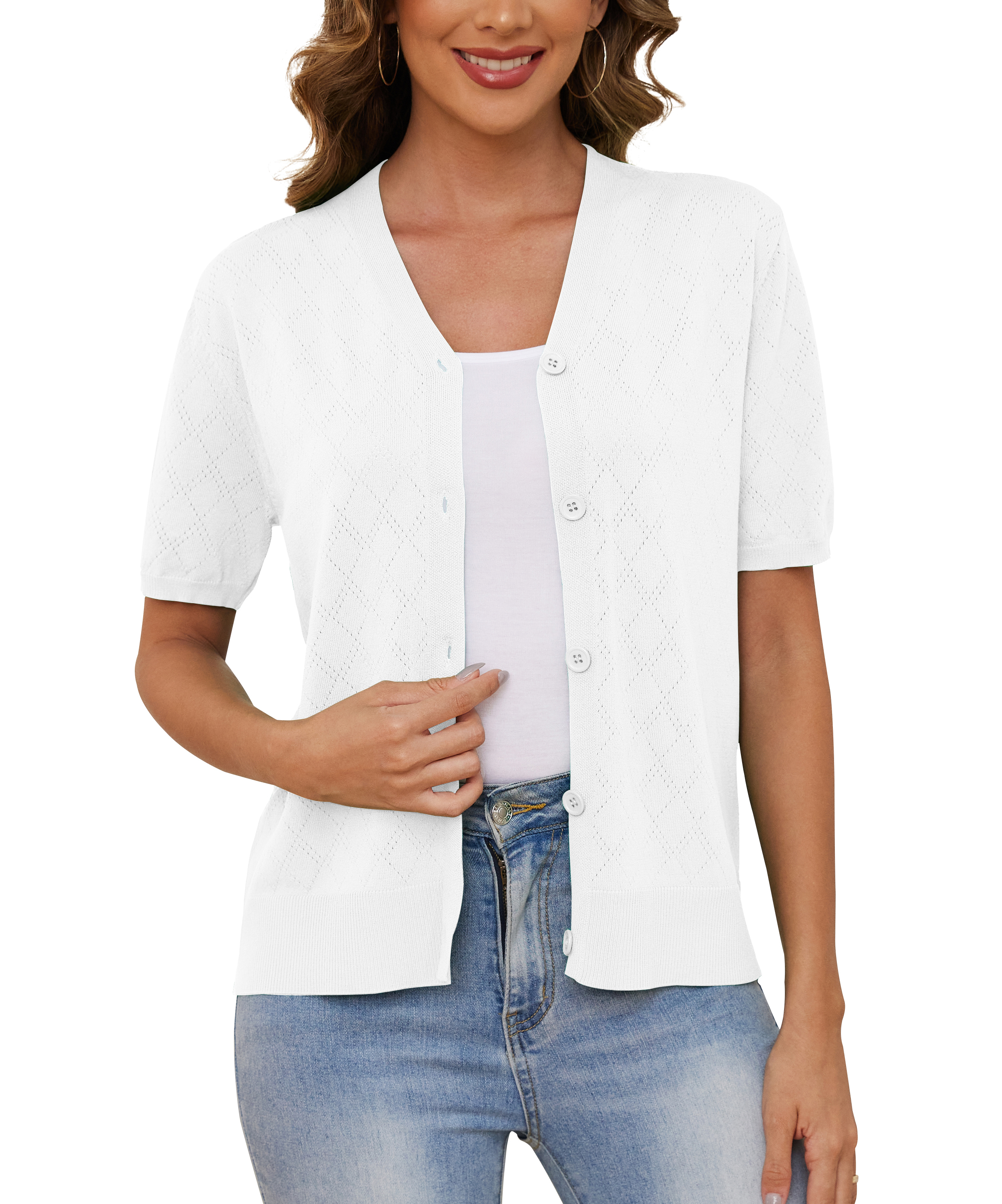 Uvplove Women's V Neck Crochet Knit Cardigan Short Sleeve Open Front Button Down Hollowed Out Soft Shrugs Tops(S-2XL)