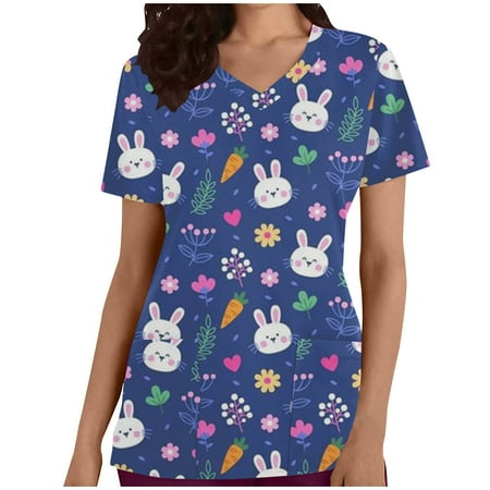 

Ecqkame Womens Nursing Scrub Tops Easter Eggs Bunny Rabbit Printed Working Uniform Blouse T-shirt Casual Short Sleeve V-neck Blouse Tops With Pocket Blue L on Clearance