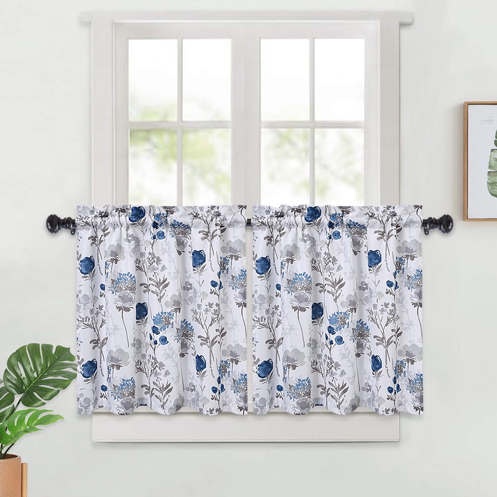 GlowSol Cafe Curtains 24 inches Floral Light Filtering Kitchen Curtains Multicolor Farmhouse Half Window Curtain Set for Bathroom, Blue Gray, Set of 2