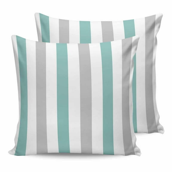 Outdoor Waterproof Throw Pillow Covers Set of 2 Turquoise Grey Stripes Decorative Pillowcases Square Outdoor Pillows Cushion Case 16x16 Inch Contrast Striped Patio Pillows for Couch Sofa Bed Garden