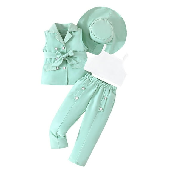 Odeerbi 3-9 Años Niñas Trajes de Verano Camisola de Algodón Tops Vestido Pantalones Blazer Chaqueta Sin Mangas Sombrero Conjunto de Cuatro Piezas