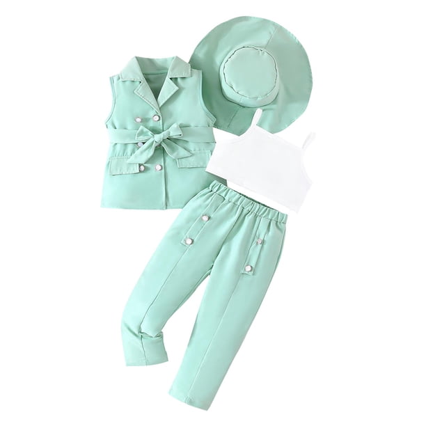 Odeerbi 3-9 Años Niñas Trajes de Verano Camisola de Algodón Tops Vestido Pantalones Blazer Chaqueta Sin Mangas Sombrero Conjunto de Cuatro Piezas