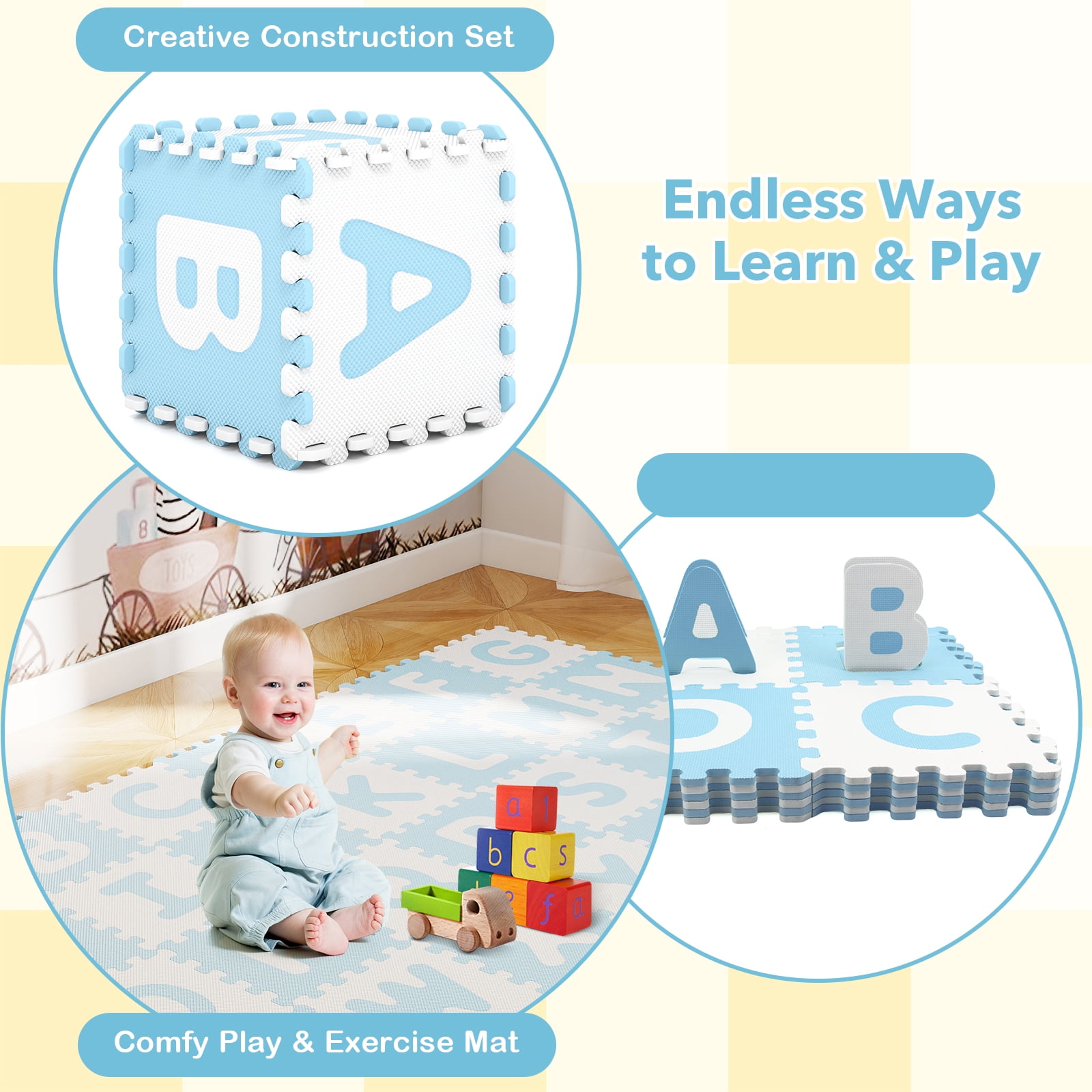 Gymax 26 PCS 12 5'' x 12 5'' Interlocking ABC Play Mats w/Detachable Letters for Kids Blue & White