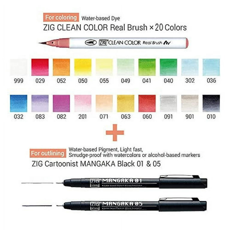 Kuretake Brush Pen Clean Color Real Brush + MANGAKA with Pouch Small  RBCN160/22V 