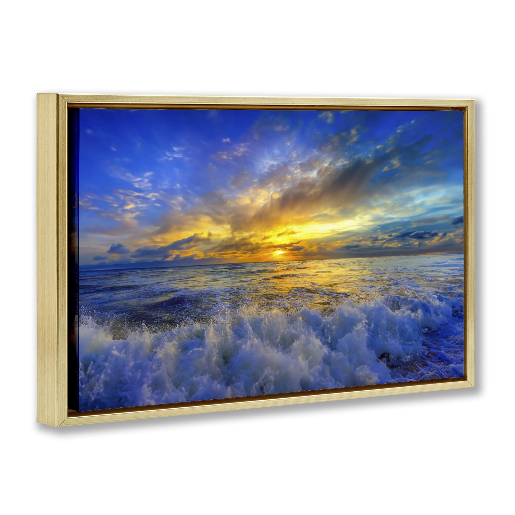 Stupell Industries Golden Blue Sunset over Waves Gold Framed Floater Canvas Wall Art, design by Eszra Tanner