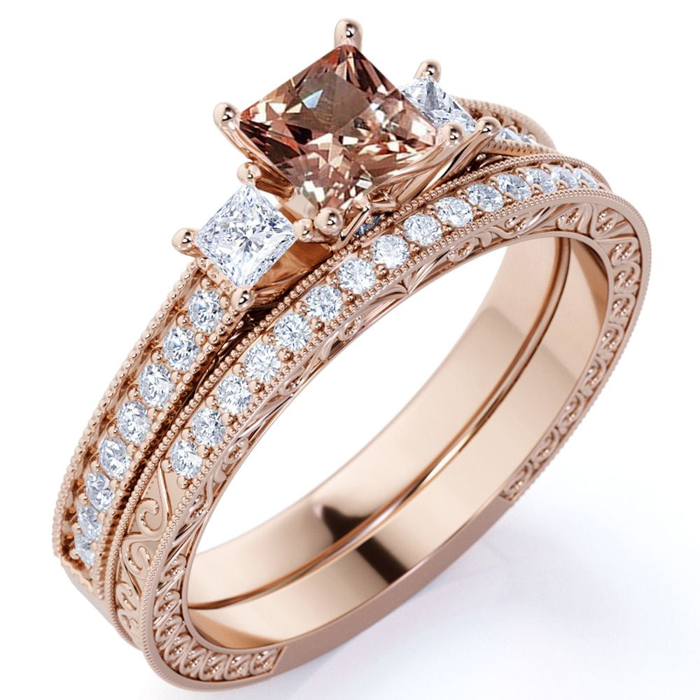 JeenMata 1.25 ct - Princess Cut Champagne Pink Created Morganite - Three Stone Ring - Victorian - Vintage Wedding Ring Set in 18K Rose Gold over Silver