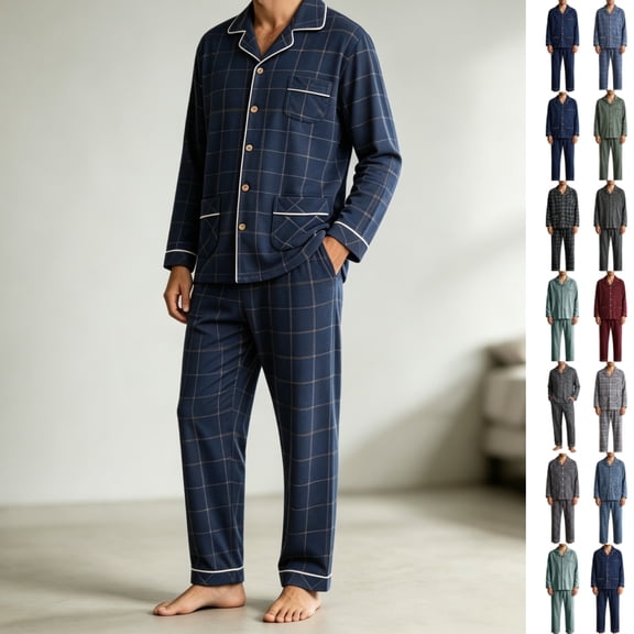 Zenithor Men's Cotton Plaid Button-Down Pajama Sets Soft Comfortable Button-Down Collared Placket Sleepwear Suits Loungewears Loungewears for Holiday Gift,M-4XL Navy