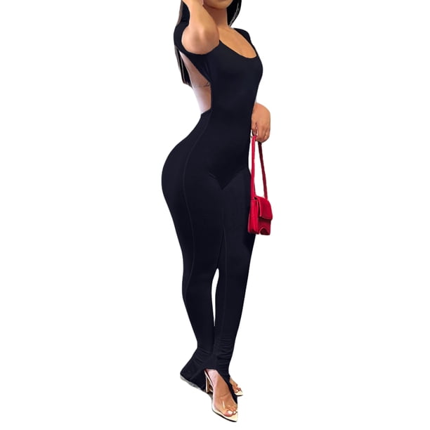 Mono salvaje de moda de verano para mujer de VISgogo, mono de Color sólido con cuello redondo, pantalones acampanados de manga corta, monos largos, ropa de una pieza VISgogo moda