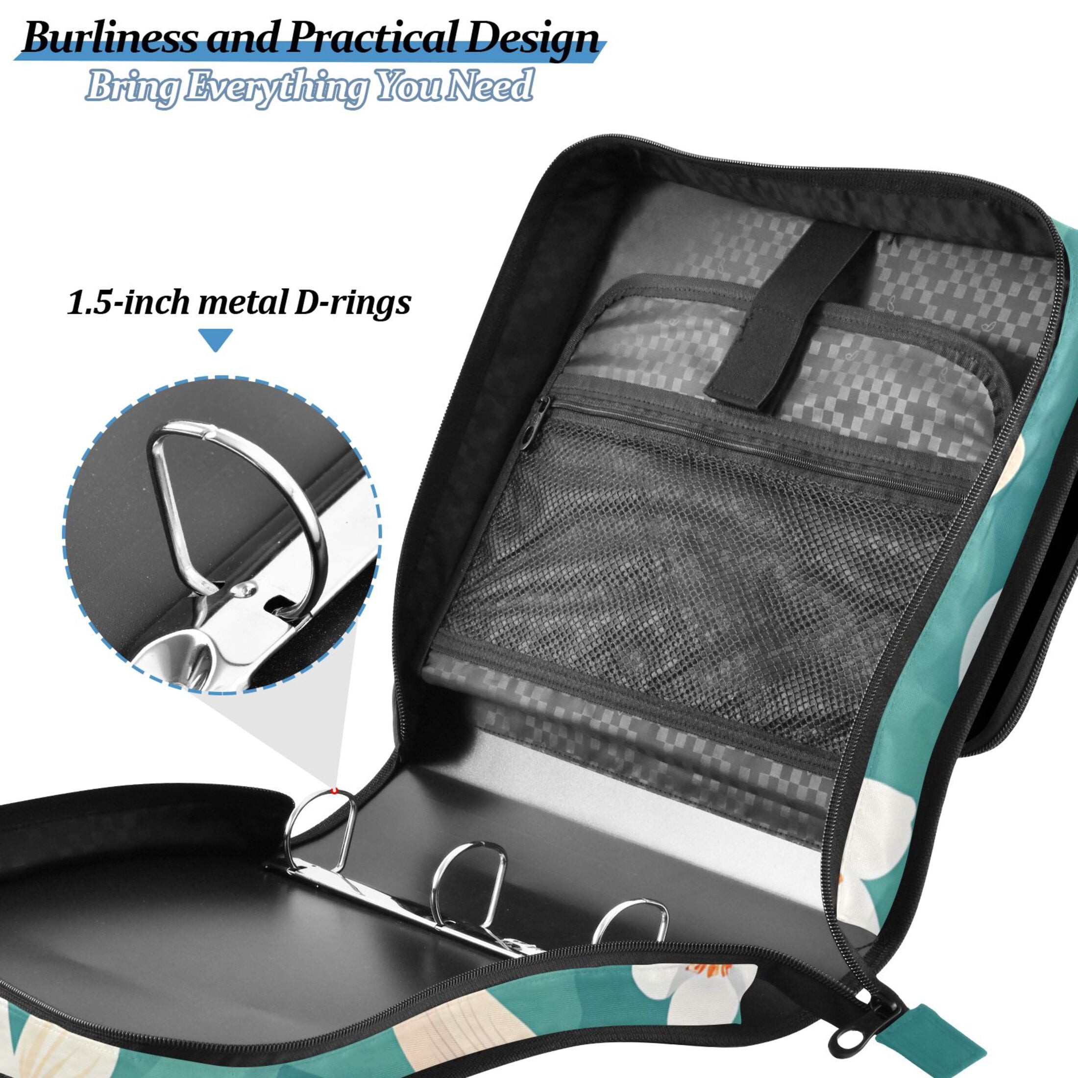 3 Ring Zipper Binder with Shoulder Strap Waterproof Trapper Keeper 2 Inch D-Ring 500 Sheets Capacity Cartoon Fish and White Flower