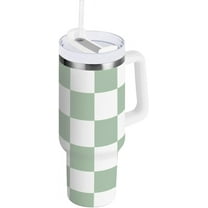 30 oz Tumbler with Handle Lid and Straw Insulated Water Tumbler Stainless Steel Water Cup Mug Bottle Reusable Cup Holder Friendly Checkered Green and White