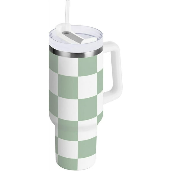 30 oz Tumbler with Handle Lid and Straw Insulated Water Tumbler Stainless Steel Water Cup Mug Bottle Reusable Cup Holder Friendly Checkered Green and White