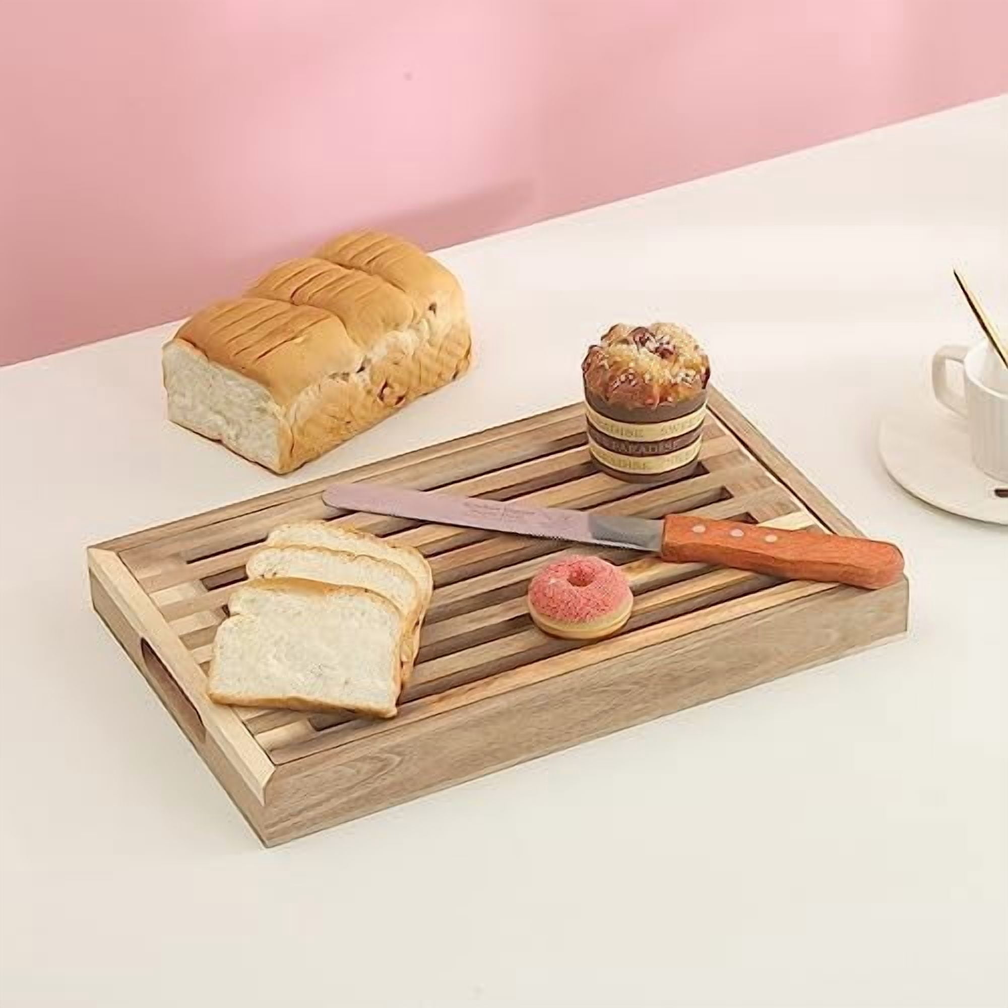 Bread Cutting Board with Crumb Catcher Tray Wooden Holder Bread Tray for Serving Bread Slicers for Homemade Bread Cutting Boards for Kitchen with Holder$$Home Decor, Kitchen, & Other