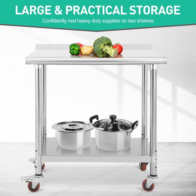 Kojooin Table de Travail en Acier Inoxydable avec Roulettes, Table de Préparation de Cuisine Robuste avec Tablette Inférieure Réglable pour Usage Commercial