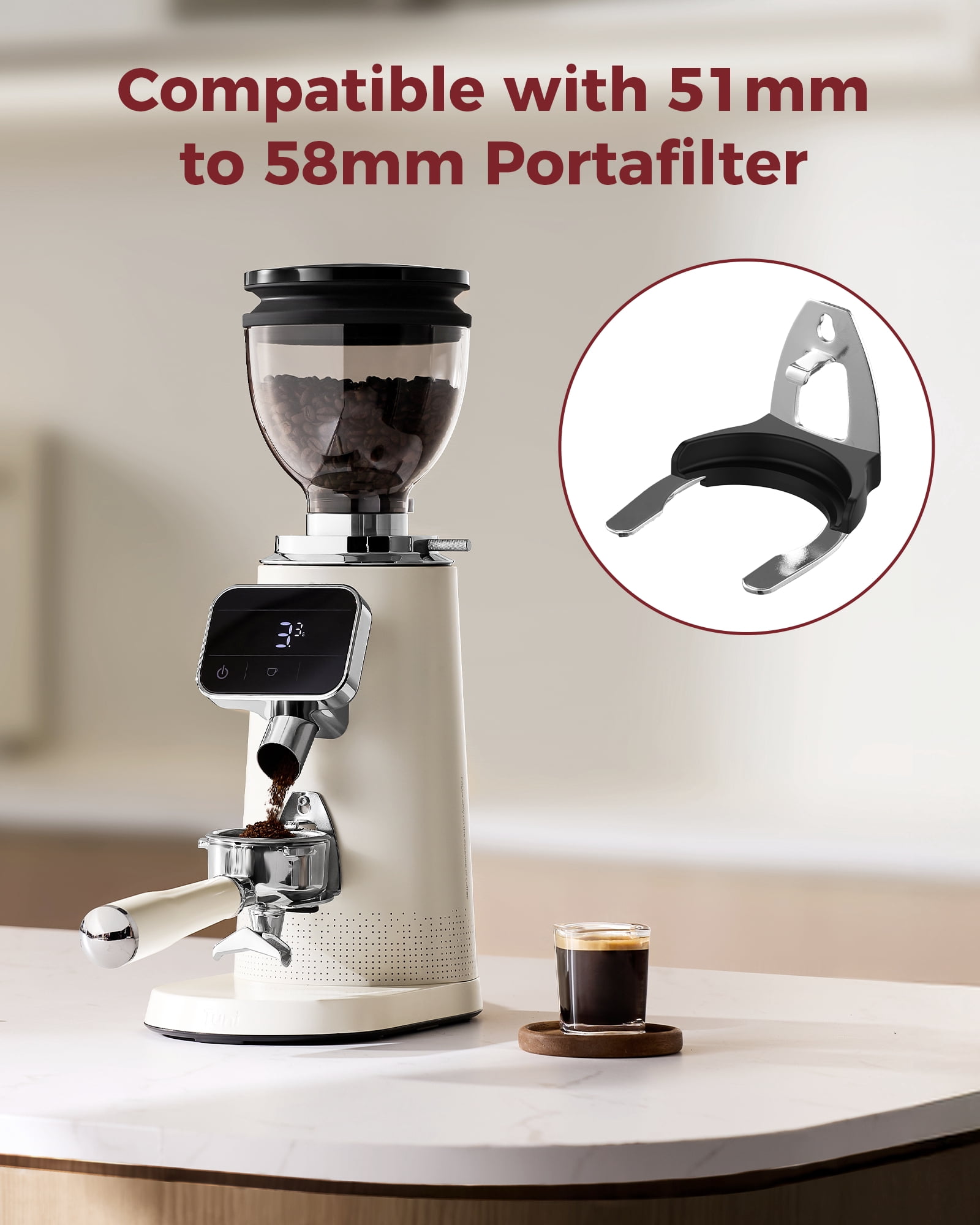 Tuni G3 64mm Flat Burr Coffee Grinder, 100 Grind Settings Electric Espresso Grinder with Single Dose Set | Commercial Grade Precision, Touchscreen | Anti-Static Tech | Stainless Steel (Ivory)