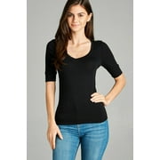 Women's Basic Elbow Sleeve V-Neck Short Sleeve T-Shirt Stretchy Top Half Sleeve Several Colors